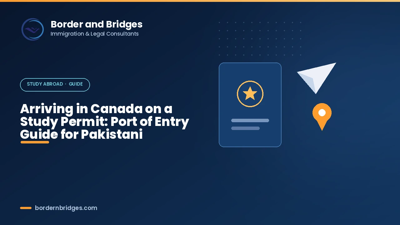 Pakistani student arriving at a Canadian airport with study permit documents in hand luggage